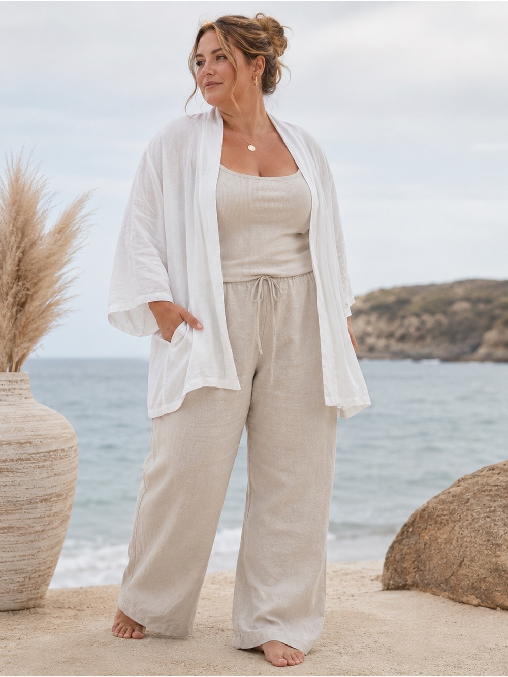 Viola Borghi Italy linen Lightweight White Open-Front Cardigan coastal lagenlook
